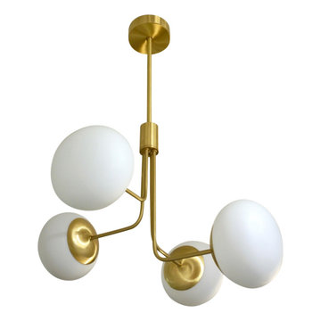 Contemporary Italian Modern Satin Brass & 4 White Murano Glass Globe Chandelier