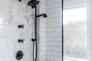 Open shower - mid-sized master white tile and subway tile double-sink open shower idea in New York with marble countertops, gray countertops and a freestanding vanity