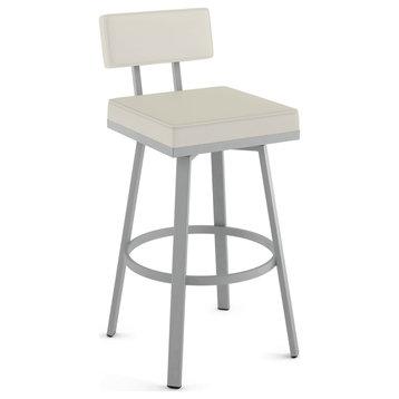 Amisco Staten Swivel Stool, Off White Faux Leather/Shiny Gray Metal, Bar Height