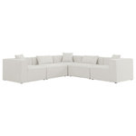 Meridian Furniture - Cube Upholstered Modular Sectional, Cream, 5-Piece: 2 Armless Chair, 3 Corner Chair, Linen Texured Fabric - Treat yourself to some long overdue "me time" when you're seated on this Cube 5-Piece Modular Sectional. This beautiful modular unit is both eye-catching and elegant, features durable linen textured upholstery in a soft cream color that meshes well with nearly any existing color scheme. Pair this modular Sectional with other items in the same collection to create an unlimited number of combinations and enjoy the custom seating arrangement of your dreams. Latches underneath make it easy to attach pieces to one another.
