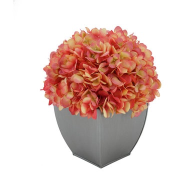 Artificial Hydrangea in Silver Tapered Zinc Cube, Coral