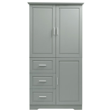 Tall and Wide Storage Cabinet, Doors for Bath/Office, Three Drawers, Grey