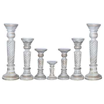 Handmade Wood Set of 7 Pillar Candle Holders, Gray Wash