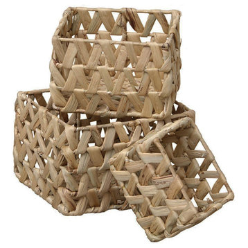Rectangular Braided Water Hyacinth Baskets With Handles Natural Set of 3, Rectangular