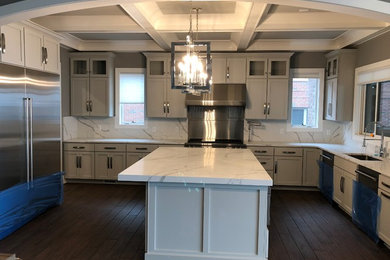 Example of a classic medium tone wood floor eat-in kitchen design in Detroit with a single-bowl sink, shaker cabinets, white cabinets, quartzite countertops and stainless steel appliances