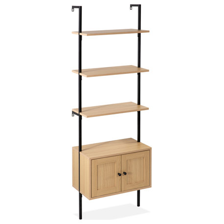 Industrial 4-Shelf Wood Wall-Mounted Open Ladder Bookcase, Cabinet, Metal Frame