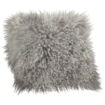 Mongolian Lamb Fur Poly Filled Throw Pillow, Fog, 20"x20"