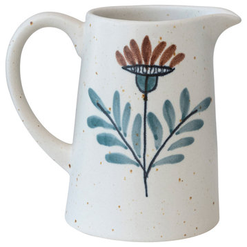 Hand Painted Stoneware Pitcher with Floral Design, Multicolor