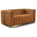Meridian Furniture - Marlon Velvet Upholstered Loveseat, Saddle - Seat guests in the epitome of comfort and style with this Marlon velvet loveseat. This piece is just the thing to showcase your modish style while ensuring total enjoyment from all who are lucky enough to relax on its channel tufted seats. The soft saddle velvet upholstery adds a beautiful touch to your space and feels great against your skin while the brushed gold stainless steel base lends it a contemporary finish.