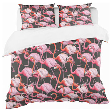 Colorful Flamingo Tropical Duvet Cover Set, Full/Queen