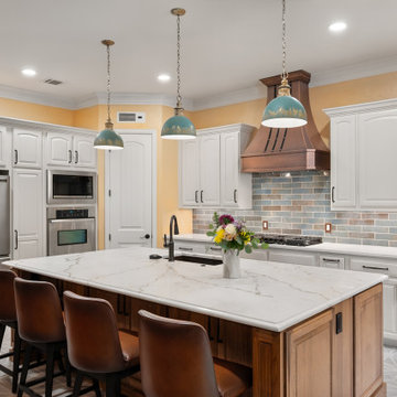 White Quartz Island Countertop Blue Subway Tile Copper Vent Hood Detail