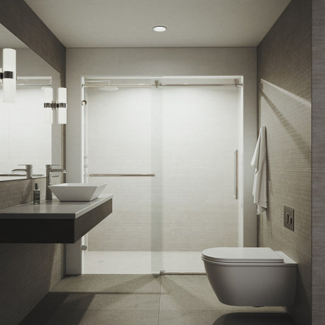 VIGO Ferrara Frameless Sliding Shower Door, Stainless Steel, 72" to 73" W X 74" H, Clear Glass