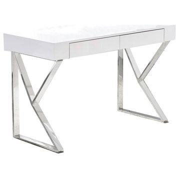Bowery Hill 47" Modern Wood/Stainless Steel Computer Desk in Silver/White