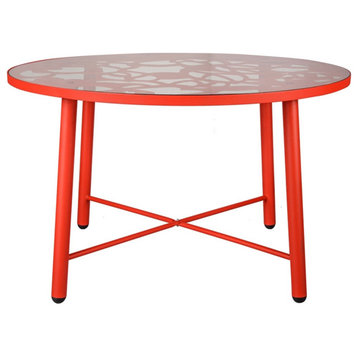 LeisureMod Devon Modern Glass Top Red Aluminum Base Outdoor 47" Dining Table