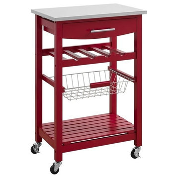 Linon Natalie Wood Stainless Steel Top Kitchen Cart in Red