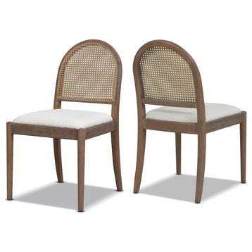 Panama 18.5" Curved Cane Rattan Side Dining Chair, Set of 2, Ivory White Boucle