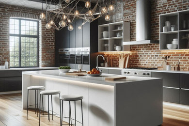 Immagine di un'ampia cucina design con ante lisce, top in quarzite, pavimento in legno massello medio, top bianco e travi a vista