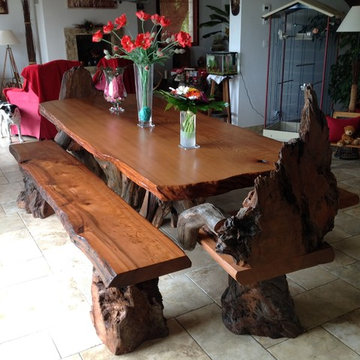 Rustic Live Edge Redwood Dining Table with Rustic Chairs and Benches