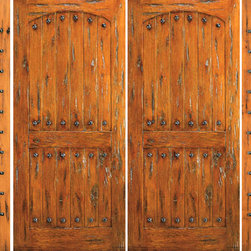 Knotty Alder Exterior Prehung Double Door With Two Side Lights - Front Doors