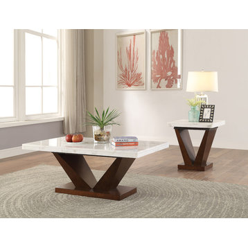 Acme Coffee Table in White Marble and Walnut Finish 83335