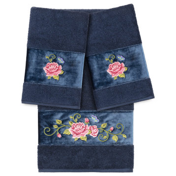 100% Turkish Cotton Rebecca 3-Piece Embellished Towel Set, Midnight Blue