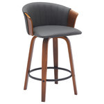 Armen Living - Diana Swivel Walnut Wood Counter Stool, Gray Faux Leather, 26" - Elevate any corner with the chic style and linger-worthy comfort of our Diana Upholstered Swivel Bar or Counter Stool. The stylish bar stool utilizes bentwood construction to sculpt a stunning barrel back to envelope you in comfort. Its graceful curves are complemented by bentwood legs and a metal ring that acts as a footrest for added comfort and functionality. Finished off with a padded seat and stunning tufting detail on the back, our counter stool allows you to enjoy meals and conversations at a bar or high-dining table with style and comfort. It is available in both faux leather and fabric upholstery to provide an easy-care material for your home. This wood bar stool features a modern and versatile design ideal for your kitchen island, pub table, home bar, or adjustable desk. With durable and sturdy construction, our bar stool can be used anywhere from a kitchen to a home office. It is fitted with a wonderful 360-degree swivel function with a smooth gliding system, allowing you to change direction and follow conversations with ultimate ease. The Diana swivel bar or counter stool easily incorporates into any home and is available in your choice of 26-inch or 30-inch seat height in a walnut wood finish with gray, cream, and black faux leather upholstery, and black wood finish with gray faux leather and light gray fabric upholstery.