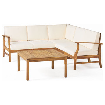 Outdoor 5-Seat V Shaped Acacia Sectional With Table, Cream