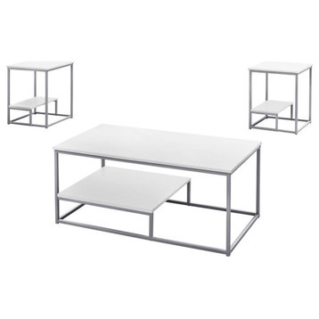 Table Set, 3pcs Set, Coffee, End, Side, Accent, Living Room, Metal, White/Silver