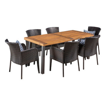 GDF Studio 7-Piece Delgado Outdoor Dining, Wood Table With Wicker Chairs Set
