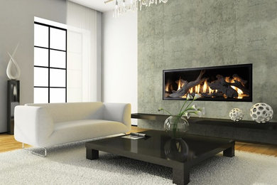 Inspiration for a mid-sized formal open concept living room in Phoenix with white walls, light hardwood floors, a ribbon fireplace, a concrete fireplace surround and no tv.