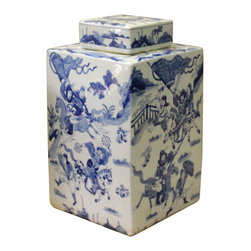 Chinese Blue White Square Porcelain People Scenery Accent Jar - Decorative Jars And Urns