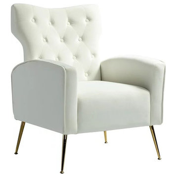 Elegant Accent Chair, Golden Legs With Velvet Seat and Tufted Wingback, Ivory