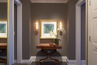 This is an example of a mid-sized traditional entryway in Los Angeles with grey walls and dark hardwood floors.