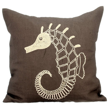 Brown Decorative Pillow Shams 24"x24" Cotton, Noble Sea Horse