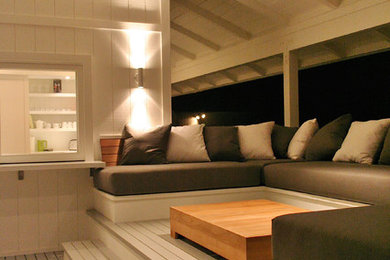Deck - mid-sized coastal side yard deck idea in Hawaii with a roof extension