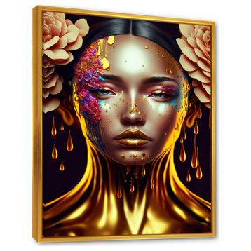 Gold And Black Floral Asian Woman II Framed Canvas, 12x20, Gold