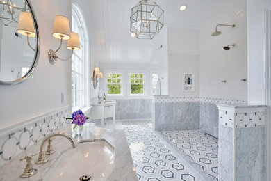 Traditional master bathroom in Other with shaker cabinets, white cabinets, an open shower, black and white tile, gray tile, white walls, an undermount sink, multi-coloured floor and an open shower.