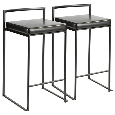 LumiSource Fuji Counter Stool Set of 2, Black Faux Leather Cushion, Black Frame