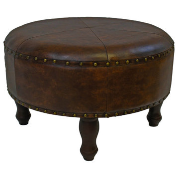 Large Round Faux Leather Stool, Saddle Brown