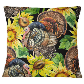 Turkey Bird With Sunflowers Floral Throw Pillow, 18"x18"