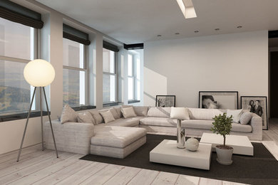 Large trendy formal and open concept painted wood floor living room photo in Dallas with gray walls, no fireplace and no tv
