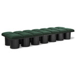Meridian Furniture - Pavilion Black Boucle Fabric Bench, Green, Black Finish, 108.5" W X 36" D X 17.5" H - Bring valuable seating and remarkable style to your space with this green Pavilion Boucle Fabric Bench, an exquisite balance of style and usability for the entryway, bedroom, and beyond. Crafted from oak veneer with a black finish, this bench has a 4-inch-thick seat cushion that's channel-tufted for a touch of luxury. The bench's columnar bases add a dash of Art Deco design, making it a captivating focal point in any room.