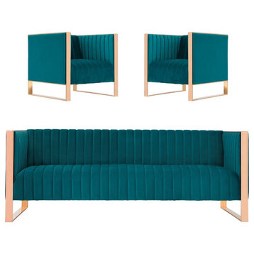 Trillium Sofa and Armchair Set of 3, Teal and Rose Gold