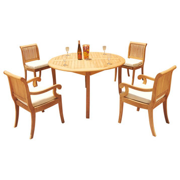 5-Piece Outdoor Patio Teak Dining Set: 52" Round Table, 4 Giva Arm/Armless Chair