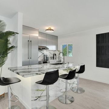 Miami Beach Open Kitchen Remodel with Porcelain Waterfall Island