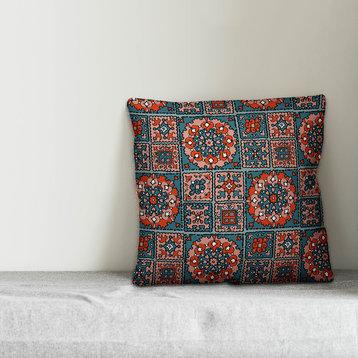 Patchwork Mandala, Blue and Red Throw Pillow Cover, 18"x18"