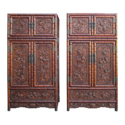 Pair Chinese Rosewood Relief Foo Dog Carving Compound Cabinets - Accent Chests And Cabinets