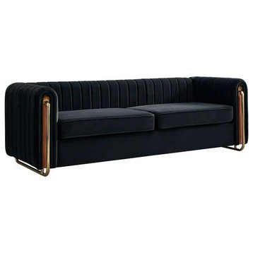 Modern Sofa, Rich Velvet Seat With Rounded Channel Tufted Tuxedo Arms, Black