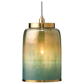 Elegant Dark Green Teal Glass Cup 1 Light Pendant Brass Edge Ombre 8.5"