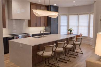 This is an example of a medium sized contemporary kitchen/diner in Nashville with a submerged sink, flat-panel cabinets, quartz worktops, integrated appliances and an island.